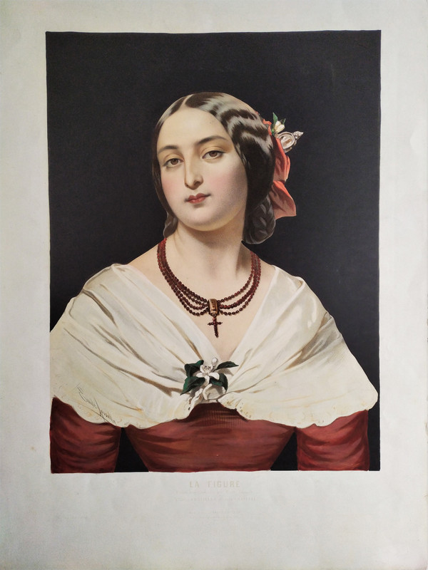 Portrait Of Italian Lady  Watercolored Lithograph 19th Century Old Print