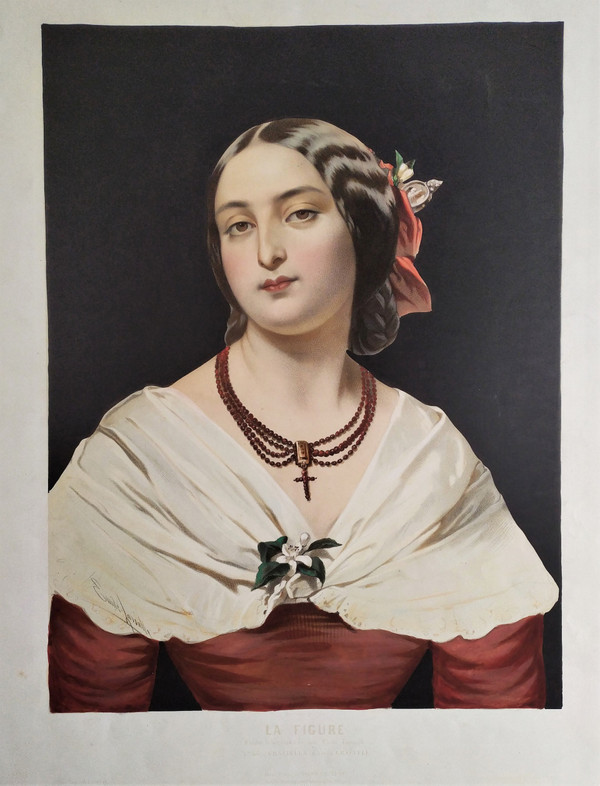 Portrait Of Italian Lady  Watercolored Lithograph 19th Century Old Print