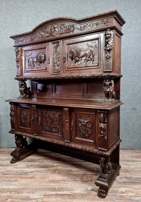 Renaissance style two-body buffet in solid walnut circa 1850