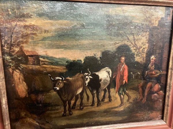 Ancient oil painting on canvas "Landscape with Oxen" from the 17th century Flemish period. Size 57 x