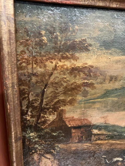 Ancient oil painting on canvas "Landscape with Oxen" from the 17th century Flemish period. Size 57 x