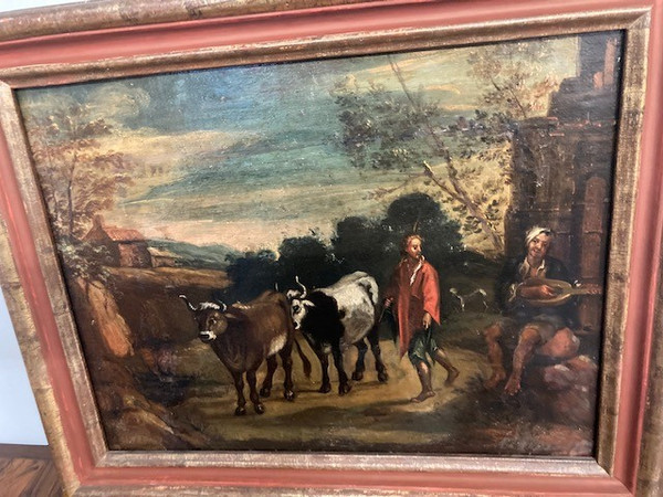 Ancient oil painting on canvas "Landscape with Oxen" from the 17th century Flemish period. Size 57 x