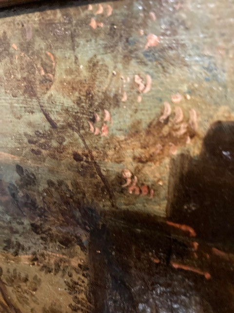 Peinture ancienne à l'huile sur toile "Paysage aux bœufs" d'époque flamande du 17ème siècle. Taille 