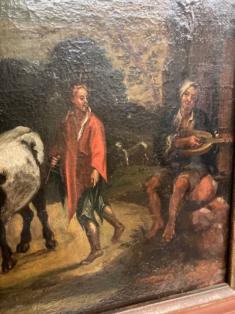 Ancient oil painting on canvas "Landscape with Oxen" from the 17th century Flemish period. Size 57 x