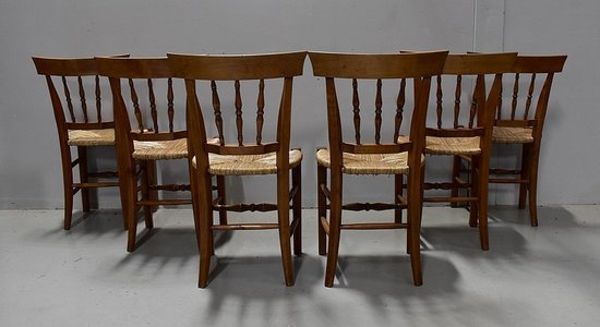 Suite de 6 Chaises Paillées en Merisier Blond - 2ème moitié du XIXe 