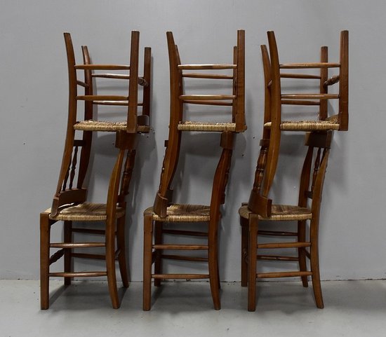 Suite de 6 Chaises Paillées en Merisier Blond - 2ème moitié du XIXe 