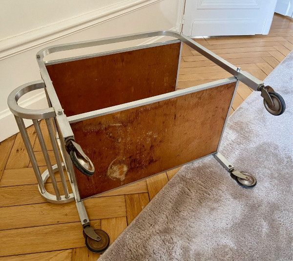 France, 1950s/60s, Aluminum Caster Table And Its Removable Jacques Adnet Style Top.