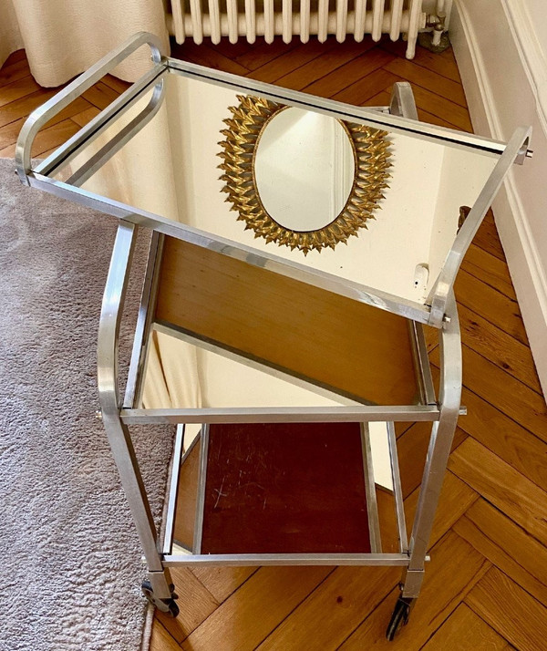 France, 1950s/60s, Aluminum Caster Table And Its Removable Jacques Adnet Style Top.