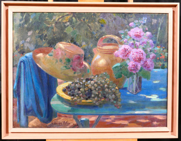 Louise ALIX 1888-1980 Nature morte au jardin : fleurs, raisins et chapeau, tableau, 1920-30