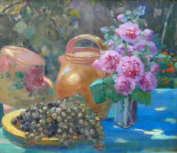 Louise ALIX 1888-1980 Nature morte au jardin : fleurs, raisins et chapeau, tableau, 1920-30