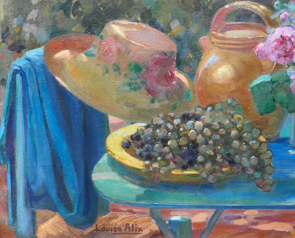 Louise ALIX 1888-1980 Nature morte au jardin : fleurs, raisins et chapeau, tableau, 1920-30