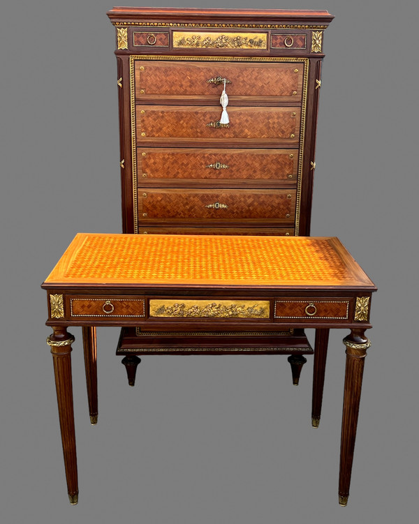 19th C. LOUIS XVI STYLE WEEKLY DIAL IN CUBE MARQUETRY DECORATED WITH GILT BRONZE