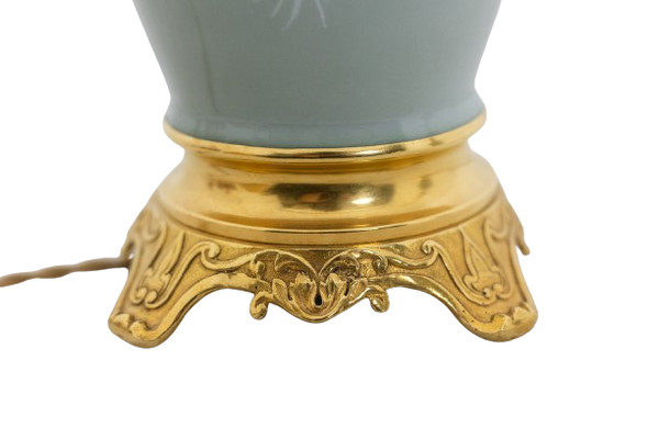 Pair of Celadon porcelain and gilded bronze lamps. Circa 1880.