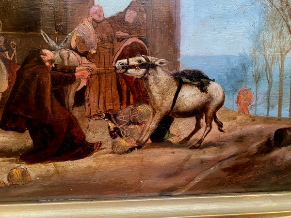 Oil on wood scene of the food carried by donkeys arriving at the convent French Ec.19th century