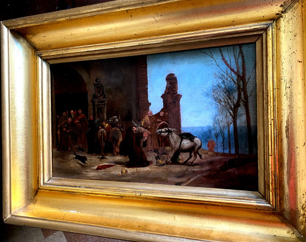 Oil on wood scene of the food carried by donkeys arriving at the convent French Ec.19th century