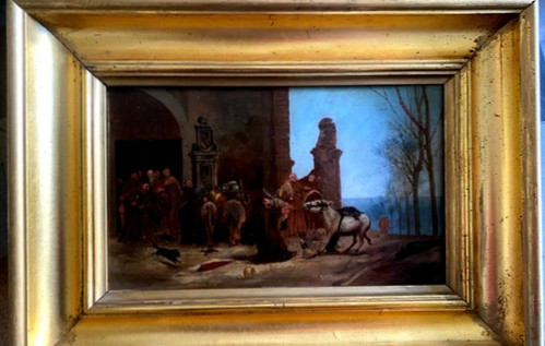 Oil on wood scene of the food carried by donkeys arriving at the convent French Ec.19th century