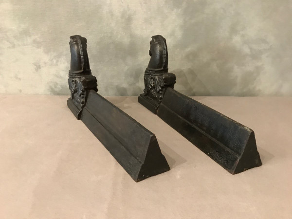 Pair of late 19th century antique cast iron andirons depicting horses