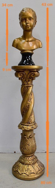  Bust of a Girl and Twisted Column, in Golden Plaster - 1900 - 1920