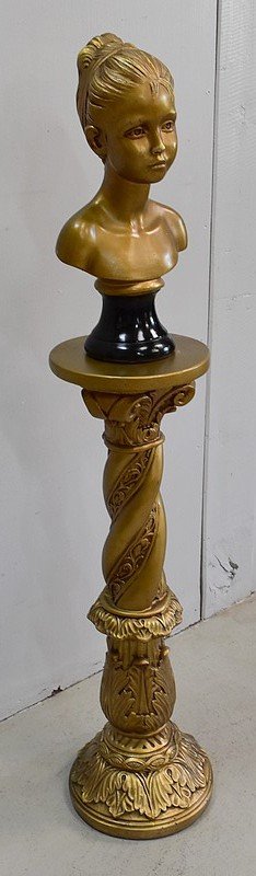  Bust of a Girl and Twisted Column, in Golden Plaster - 1900 - 1920