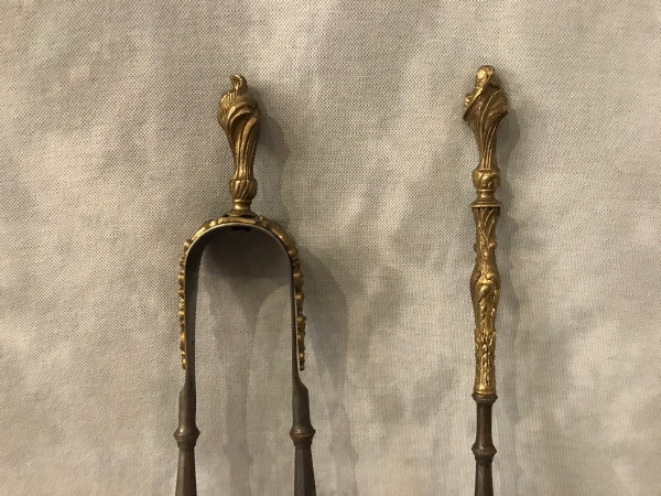 Set of an iron and bronze shovel and tongs, 19th century