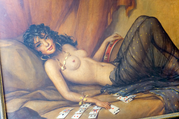 André DAVID, NUDE ALLONGÉ, GITANE TIREUSE DE CARTES, Oil on canvas