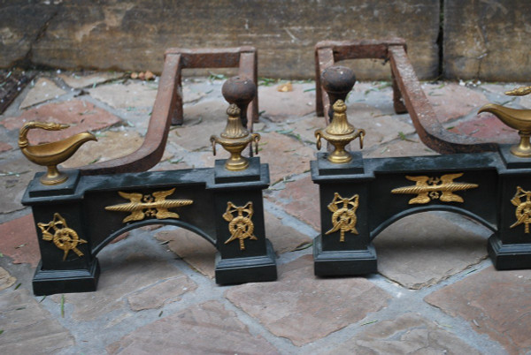 Pair Of 19th Century Black And Gold Bronze Andirons