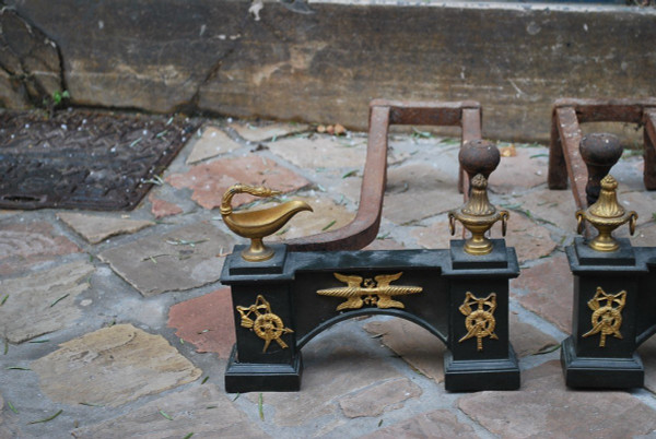 Pair Of 19th Century Black And Gold Bronze Andirons