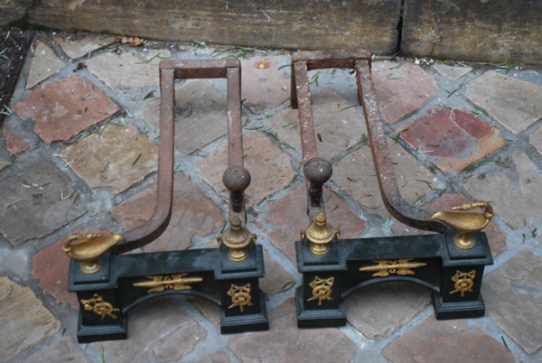 Pair Of 19th Century Black And Gold Bronze Andirons