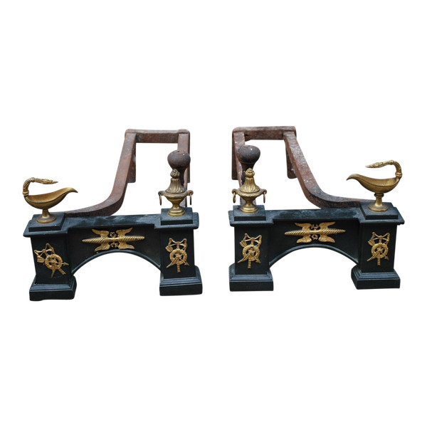 Pair Of 19th Century Black And Gold Bronze Andirons