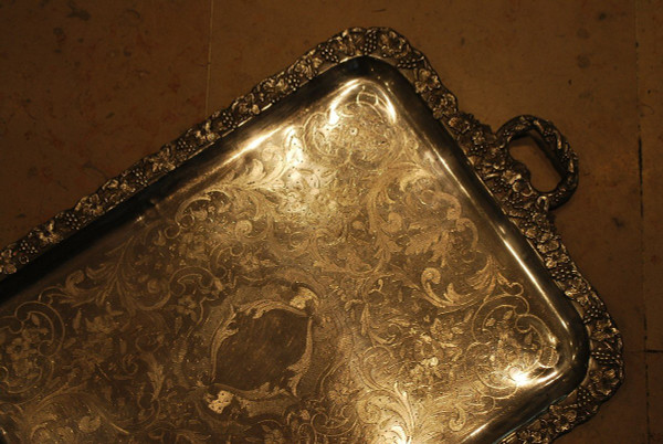 Silver Metal Tray, 19th Century Vine Branches