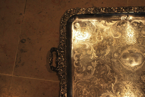 Silver Metal Tray, 19th Century Vine Branches