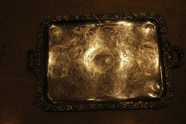 Silver Metal Tray, 19th Century Vine Branches