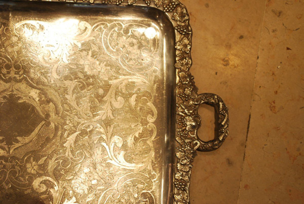 Silver Metal Tray, 19th Century Vine Branches