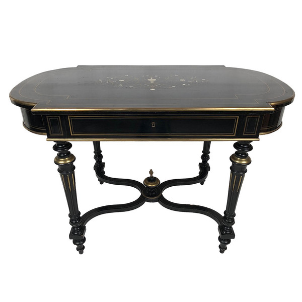 Black lacquered wood table with central brass inlaid decoration, Napoleon III