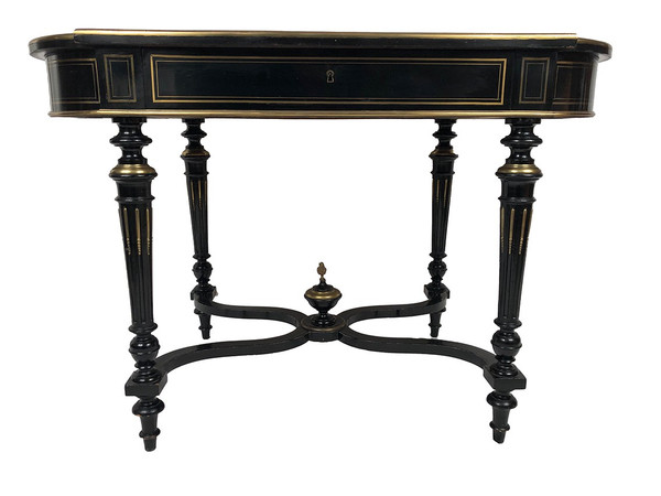 Black lacquered wood table with central brass inlaid decoration, Napoleon III