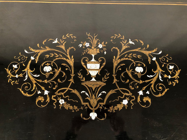 Black lacquered wood table with central brass inlaid decoration, Napoleon III