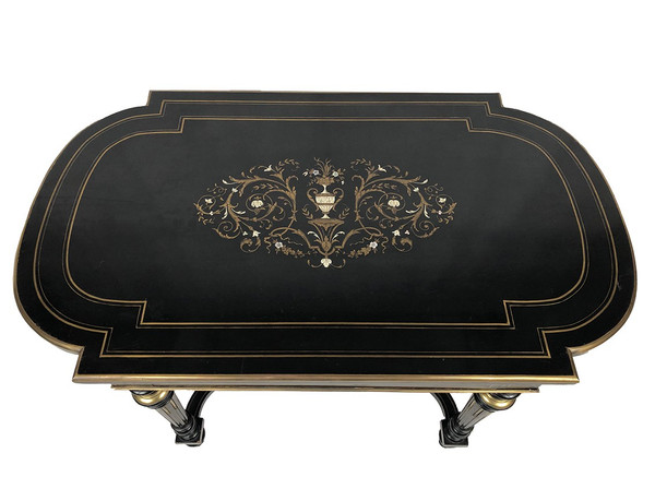 Black lacquered wood table with central brass inlaid decoration, Napoleon III