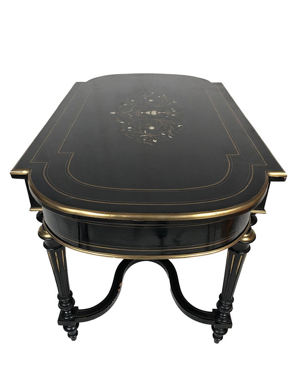 Black lacquered wood table with central brass inlaid decoration, Napoleon III