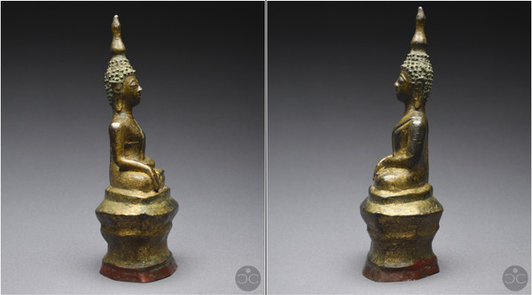 Laos, XVIIIème siècle, Bouddha en position bumisparsha mudra, Bronze anciennement laqué et doré