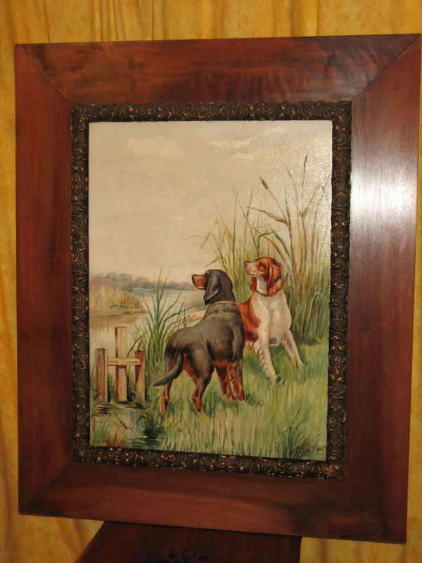 Spaniel hunting dogs in the marshes oil on panel signed