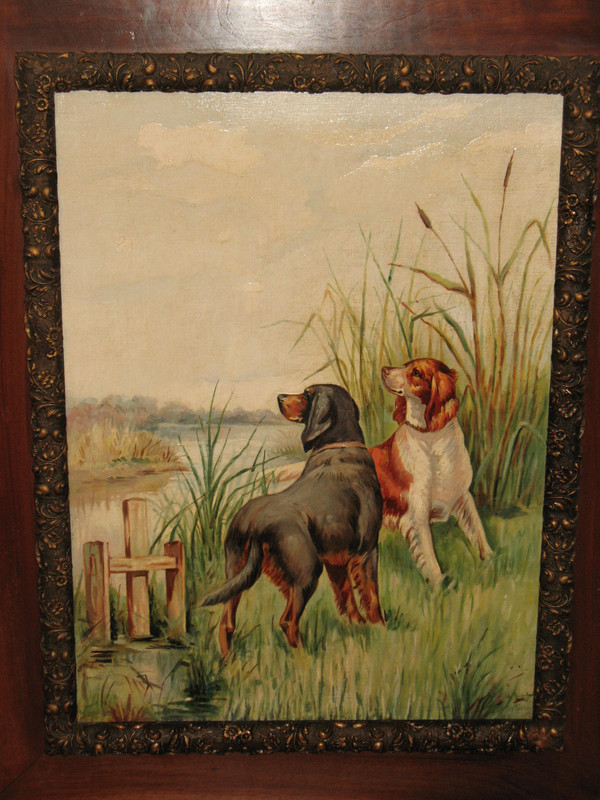 Spaniel hunting dogs in the marshes oil on panel signed