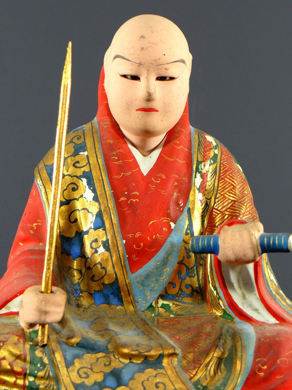 Japan, Early 20th Century, Wooden And Polychrome Plaster Statue Of The Nichiren Monk Shonin.