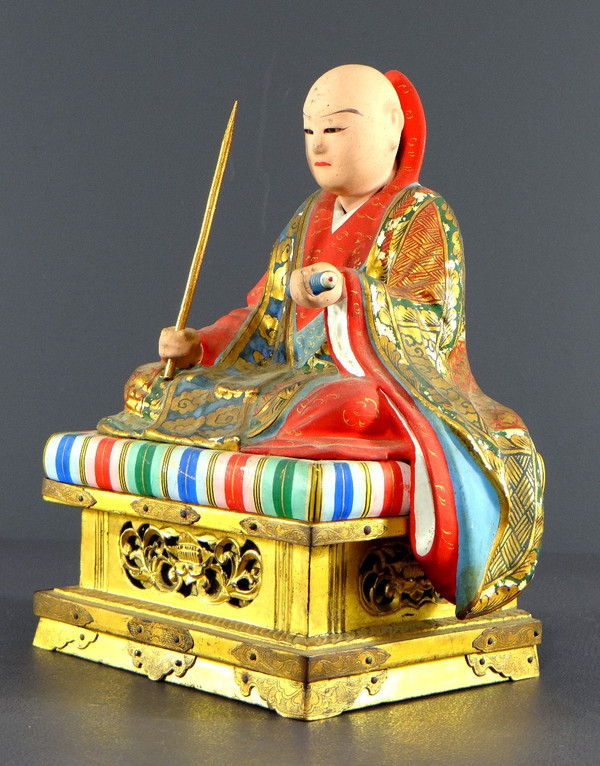 Japan, Early 20th Century, Wooden And Polychrome Plaster Statue Of The Nichiren Monk Shonin.