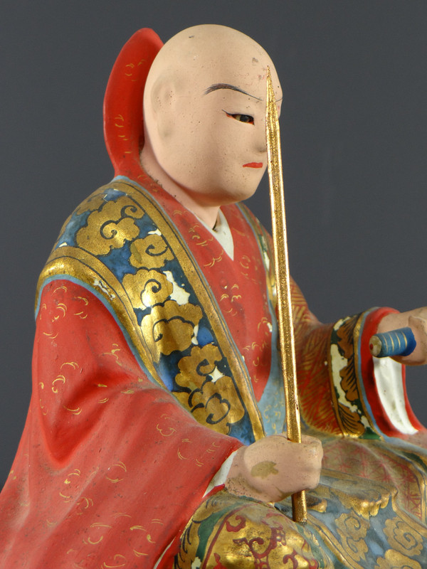 Japan, Early 20th Century, Wooden And Polychrome Plaster Statue Of The Nichiren Monk Shonin.