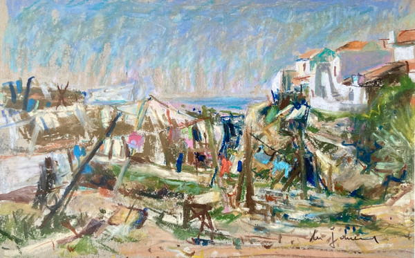 Du Janerand (Daniel), Peintre Français (1919-1990), Pastel Village Sur La Côte Méditérannéenne.