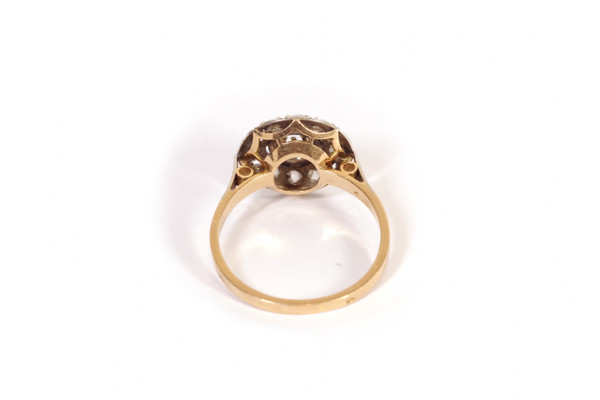 Bague cible circulaire diamants en platine et or 18k, bague ancienne, bague diamants taille rose