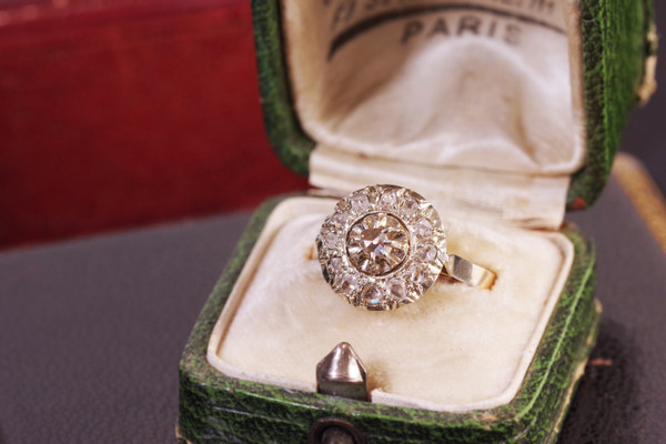 Bague cible circulaire diamants en platine et or 18k, bague ancienne, bague diamants taille rose