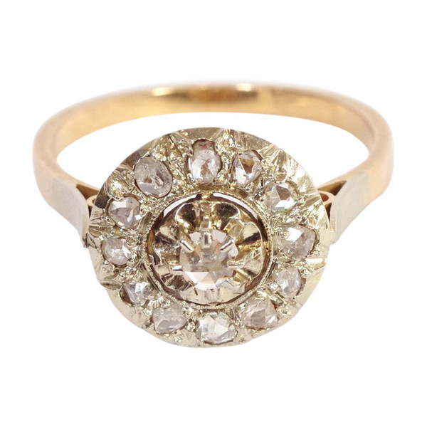 Bague cible circulaire diamants en platine et or 18k, bague ancienne, bague diamants taille rose