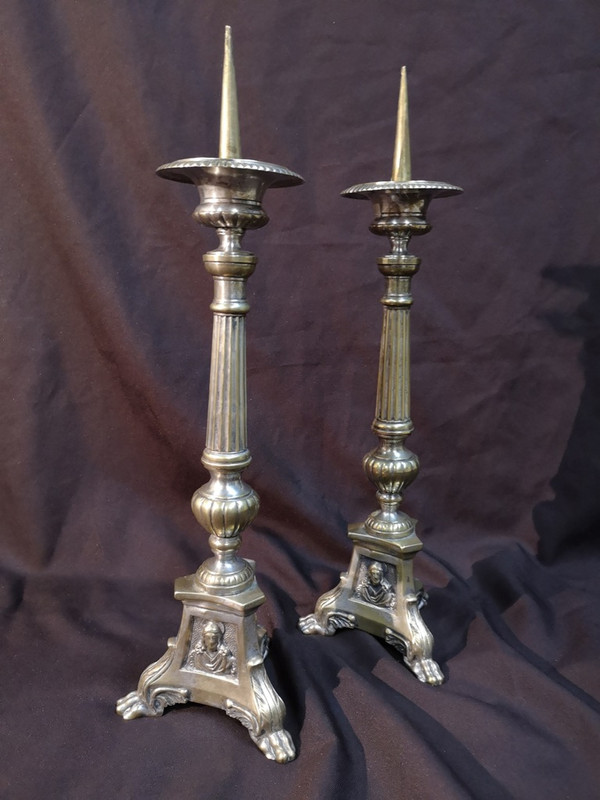 Pair Of Candlesticks In Silvered Bronze. 19th century