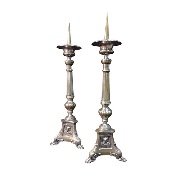 Pair Of Candlesticks In Silvered Bronze. 19th century